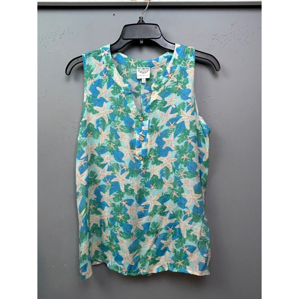 Late August Top Womens Medium Blue Starfish Tropical Coastal Sleeveless Beach